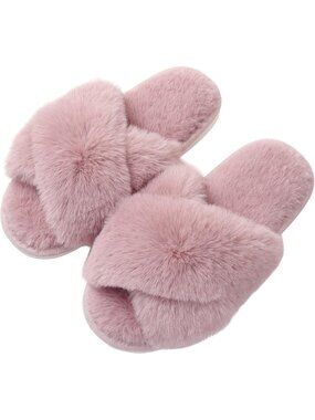 Women Dusty Pink Faux Fur Memory Foam Fuzzy House Slipper Soft Open-Toe Slippers